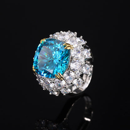 Inlaid Dried Rose Ring Bird's Nest Cut Sea Blue Zirconium